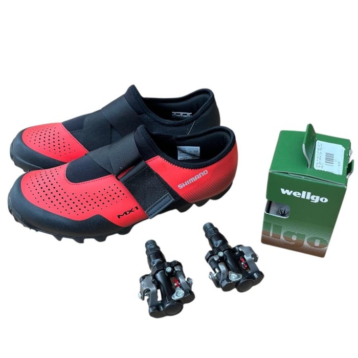 Par de sapatilhas MTB Shimano MX1 tam 40BRA Verm com tacos Wellgo M919 - seminovos
